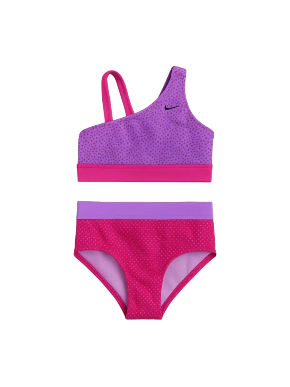 Nike Girls 2PC Swimsuit Set Large Pink Purple Polka Dot One Shoulder Bikini NWT